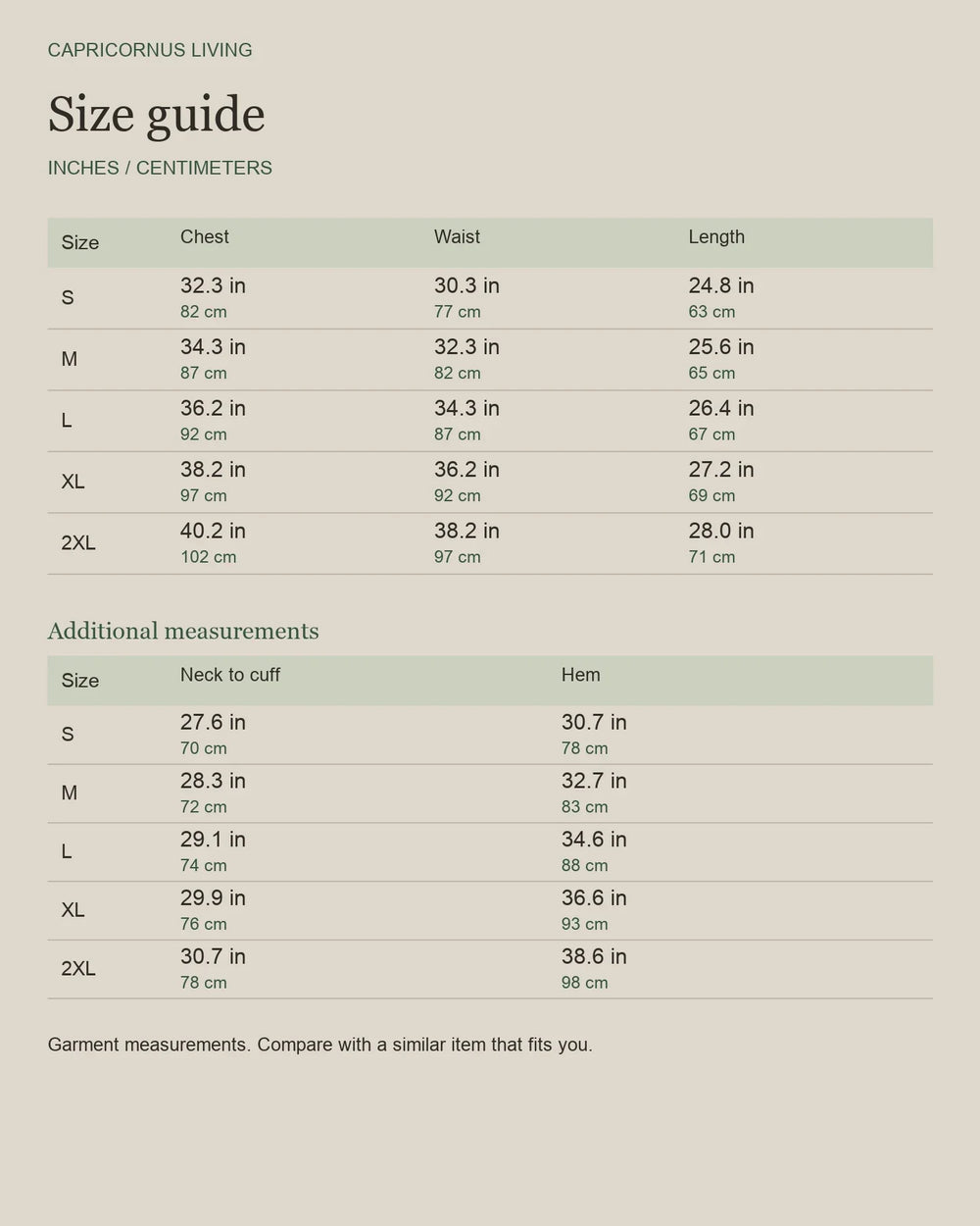 English size guide for Merino Wool Half-Zip Hoodie for Trail and Travel, with centimeter and inch measurements