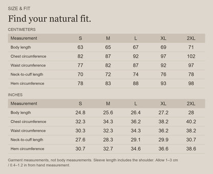 English size guide for Merino Wool Half-Zip Hoodie for Trail and Travel, with centimeter and inch measurements