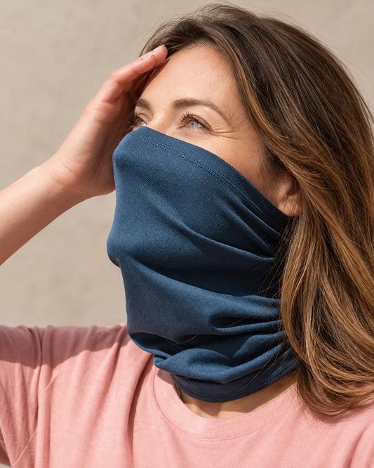 Merino Wool Multiuse Neck Gaiter for Trail and Travel worn by an adult model