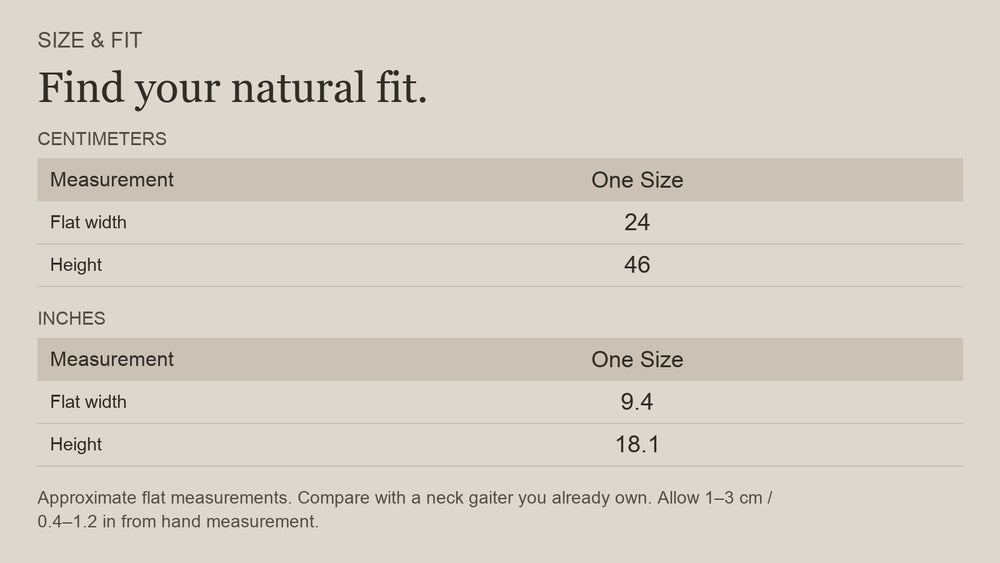 English size guide for Merino Wool Multiuse Neck Gaiter for Trail and Travel, with centimeter and inch measurements