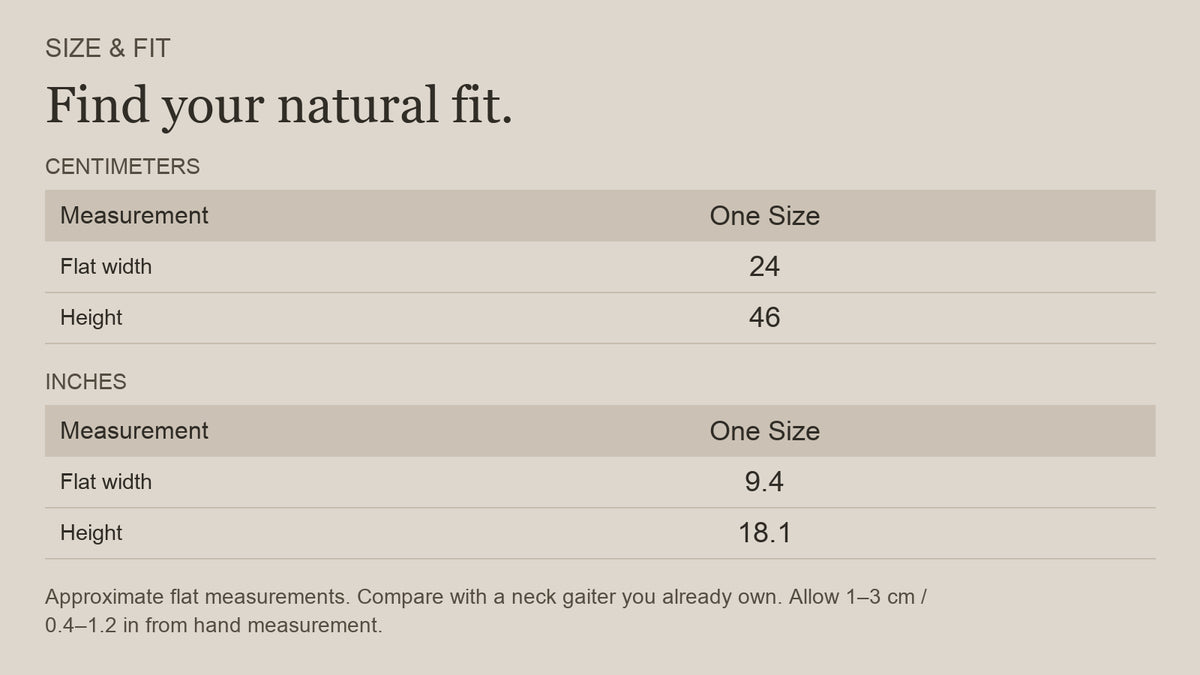 English size guide for Merino Wool Multiuse Neck Gaiter for Trail and Travel, with centimeter and inch measurements