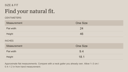 English size guide for Merino Wool Multiuse Neck Gaiter for Trail and Travel, with centimeter and inch measurements
