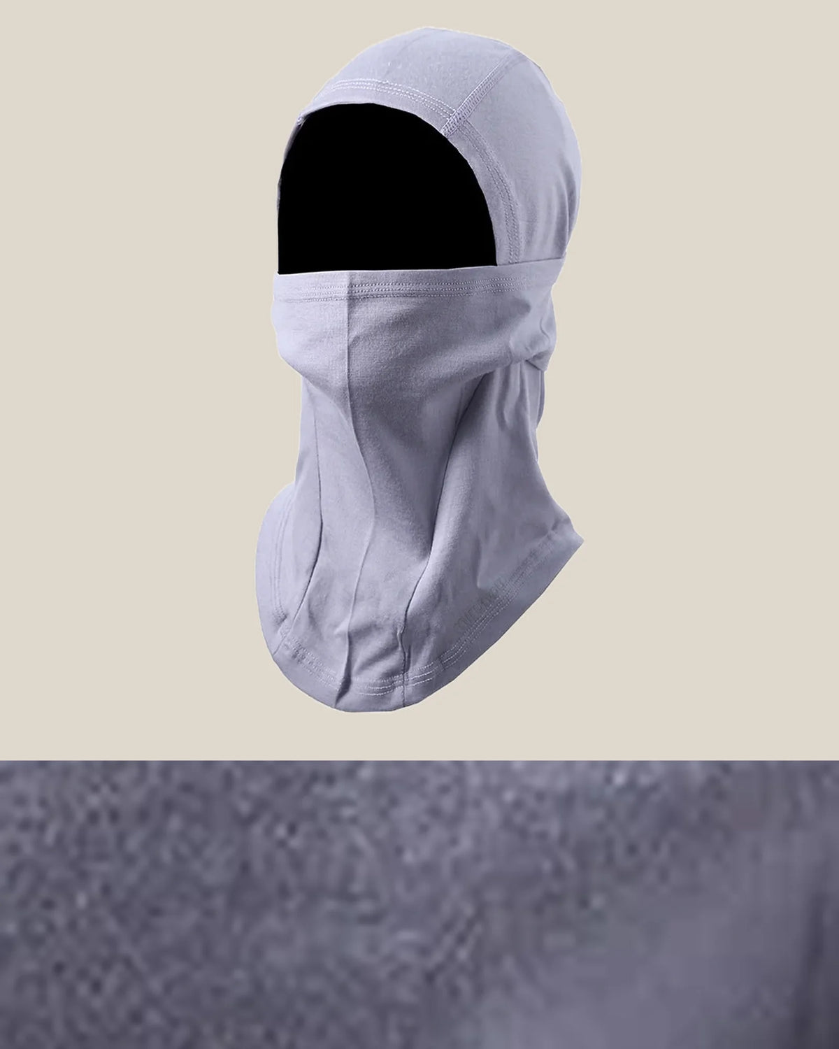 Construction and product view of Merino Wool Balaclava for Cold-Weather Adventures, shown in Gray Violet · Jersey 180 gsm · 16.5 micron