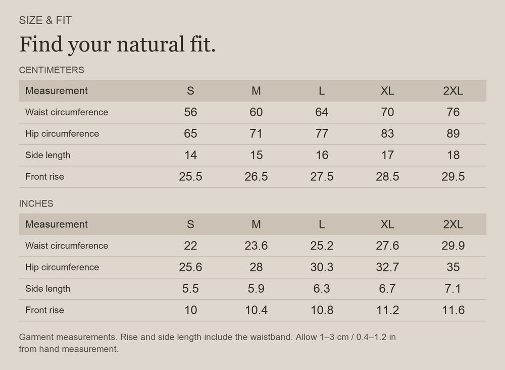 English size guide for Merino Wool Briefs for Trail Days and Travel, with centimeter and inch measurements