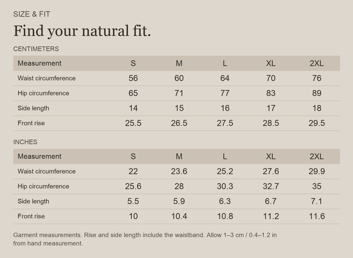 English size guide for Merino Wool Briefs for Trail Days and Travel, with centimeter and inch measurements