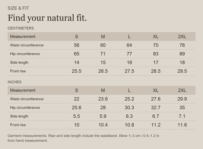English size guide for Merino Wool Briefs for Trail Days and Travel, with centimeter and inch measurements