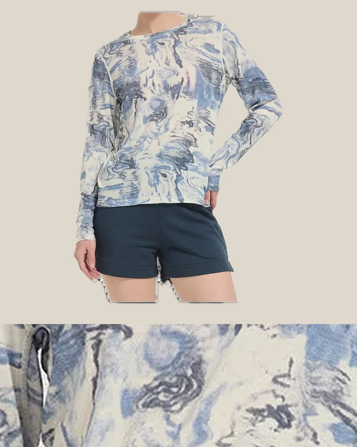 Construction and product view of Merino Wool Printed Base Layer in Superfine Wool, shown in Blue Swirl