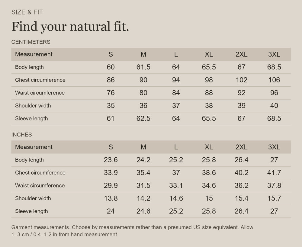 English size guide for Merino Wool Printed Base Layer in Superfine Wool, with centimeter and inch measurements