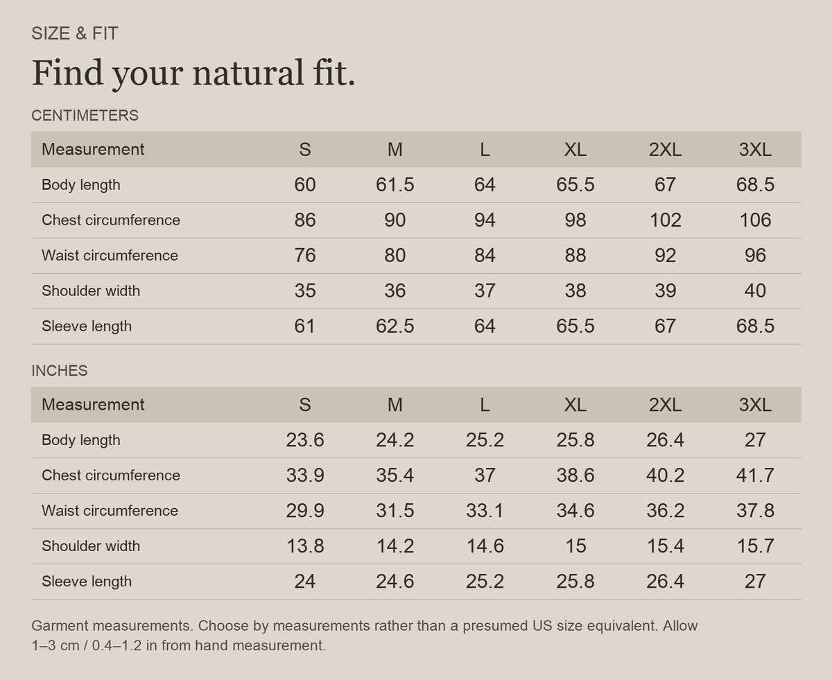 English size guide for Merino Wool Printed Base Layer in Superfine Wool, with centimeter and inch measurements