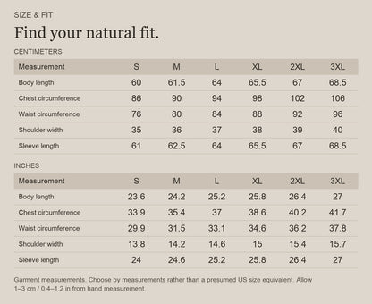 English size guide for Merino Wool Printed Base Layer in Superfine Wool, with centimeter and inch measurements