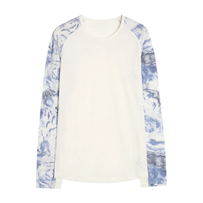 Merino Wool Raglan Top with Nature-Inspired Sleeves in Blue Swirl