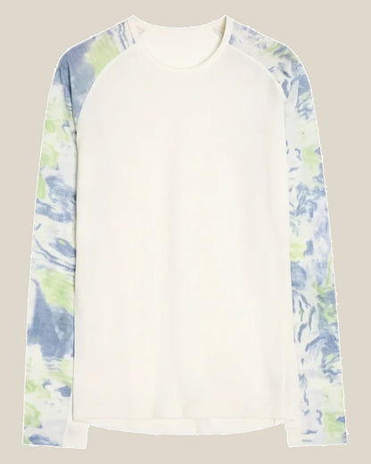 Construction and product view of Merino Wool Raglan Top with Nature-Inspired Sleeves, shown in Forest Mist