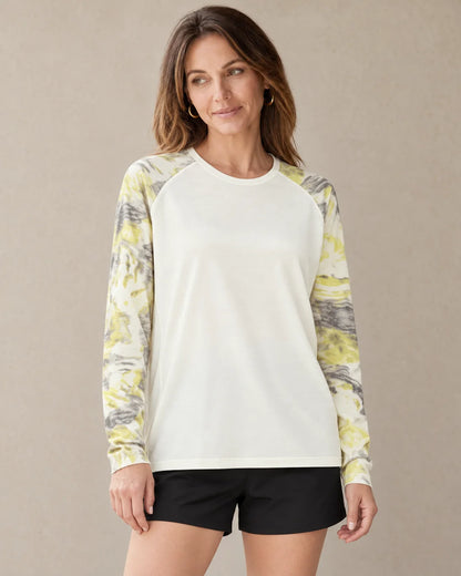 Merino Wool Raglan Top with Nature-Inspired Sleeves worn by an adult model