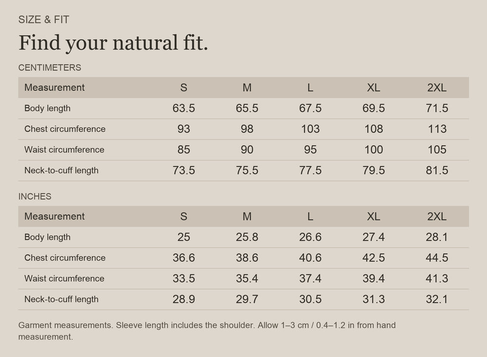 English size guide for Merino Wool Raglan Top with Nature-Inspired Sleeves, with centimeter and inch measurements