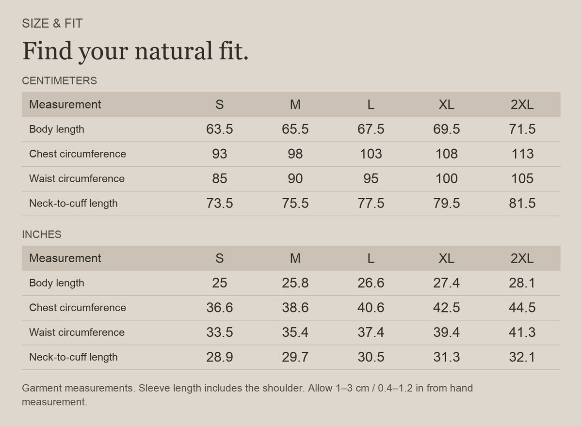 English size guide for Merino Wool Raglan Top with Nature-Inspired Sleeves, with centimeter and inch measurements