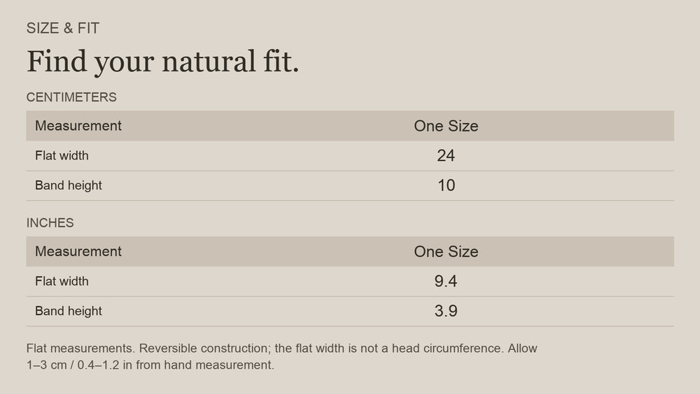 English size guide for Merino Wool Reversible Headband for the Outdoors, with centimeter and inch measurements