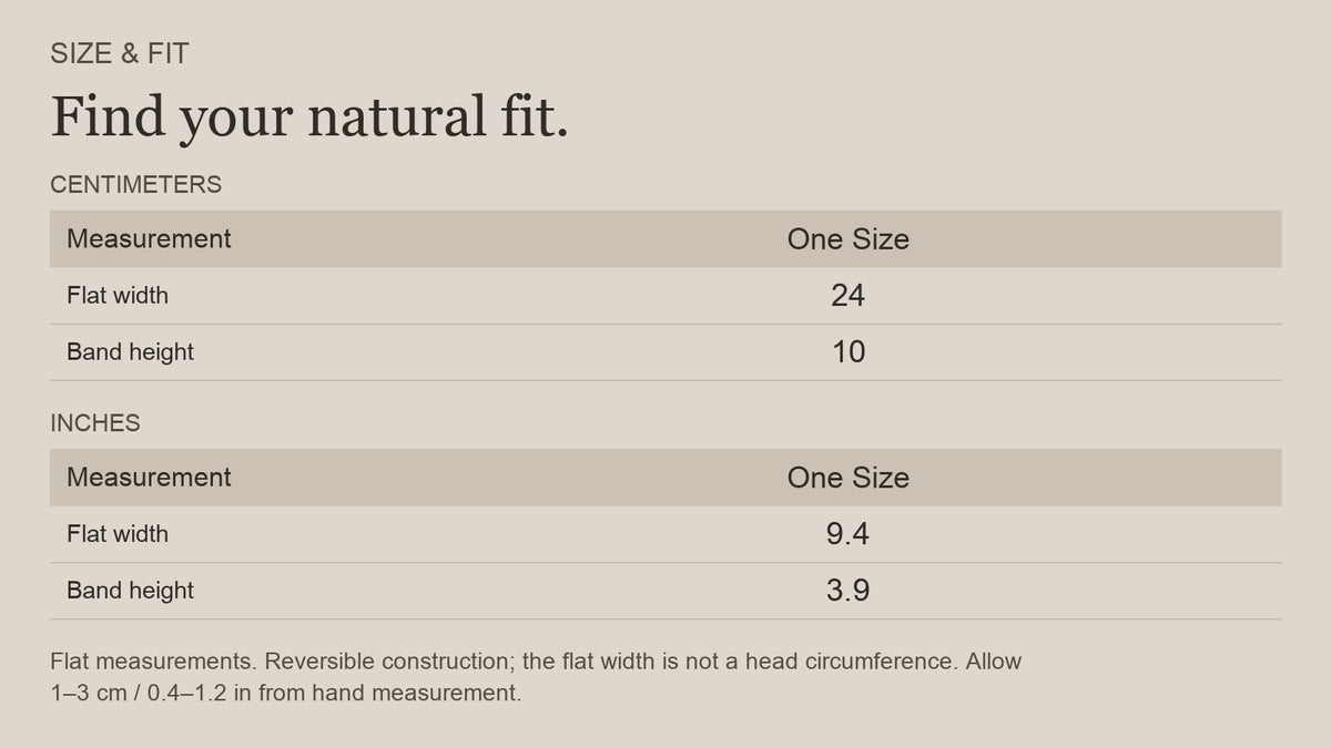 English size guide for Merino Wool Reversible Headband for the Outdoors, with centimeter and inch measurements