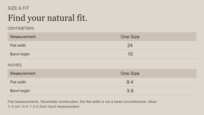 English size guide for Merino Wool Reversible Headband for the Outdoors, with centimeter and inch measurements