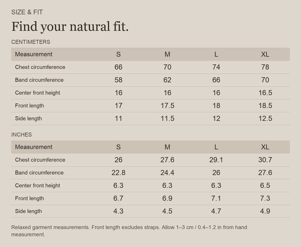 English size guide for Merino Wool Scoop-Neck Bralette for Natural Comfort, with centimeter and inch measurements