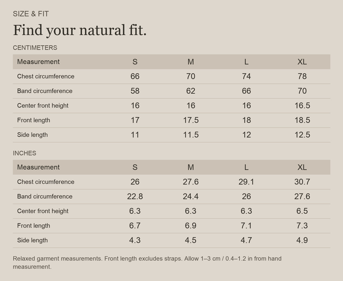 English size guide for Merino Wool Scoop-Neck Bralette for Natural Comfort, with centimeter and inch measurements