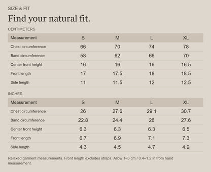 English size guide for Merino Wool Scoop-Neck Bralette for Natural Comfort, with centimeter and inch measurements