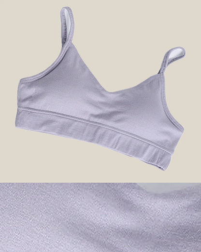 Construction and product view of Merino Wool V-Neck Bralette in Superfine Wool, shown in Pale Violet · 130 gsm