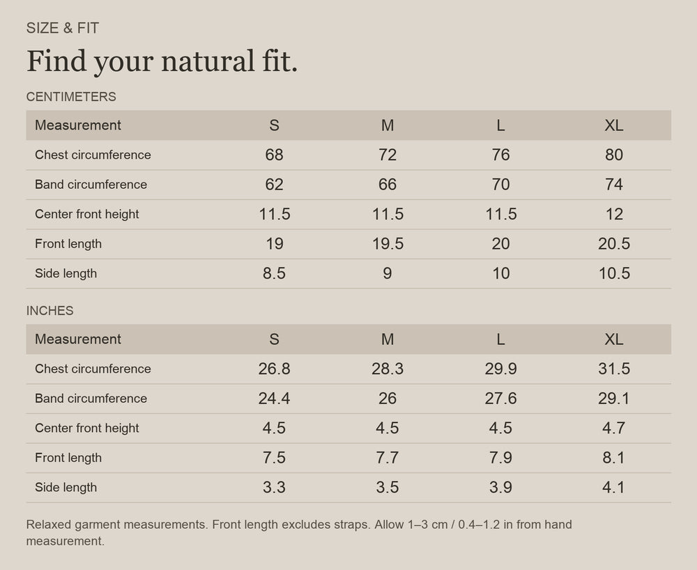 English size guide for Merino Wool V-Neck Bralette in Superfine Wool, with centimeter and inch measurements