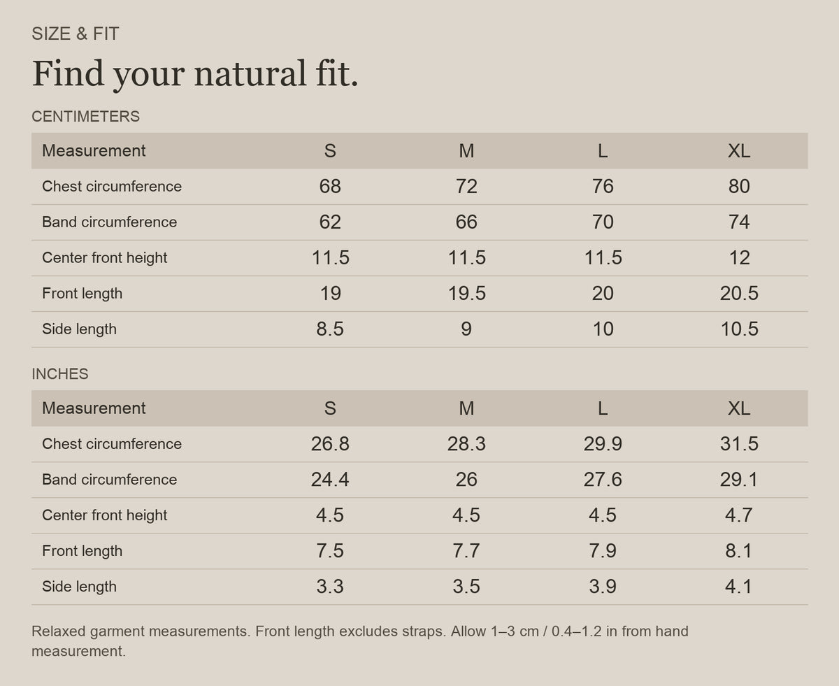 English size guide for Merino Wool V-Neck Bralette in Superfine Wool, with centimeter and inch measurements