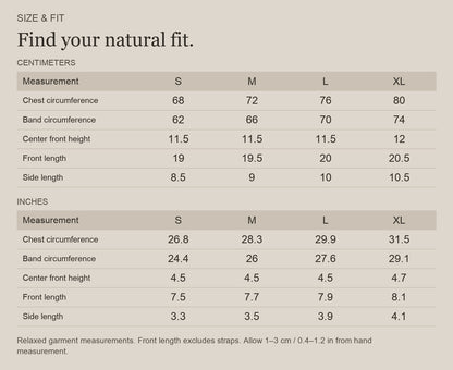 English size guide for Merino Wool V-Neck Bralette in Superfine Wool, with centimeter and inch measurements