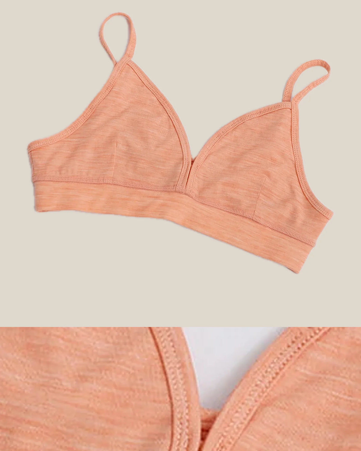 Construction and product view of Merino Wool Triangle Bralette for Trail and Travel, shown in Orange · 81.3% Merino