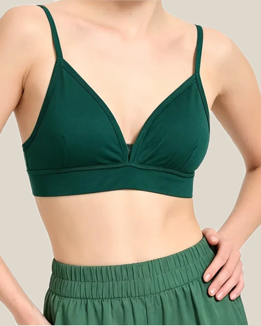 Merino Wool Triangle Bralette for Trail and Travel worn by an adult model