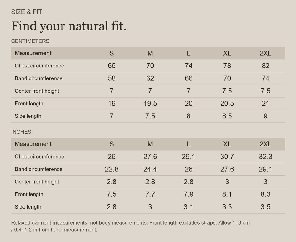 English size guide for Merino Wool Triangle Bralette for Trail and Travel, with centimeter and inch measurements