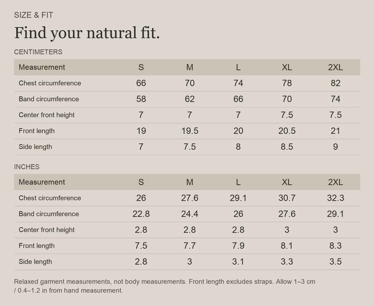 English size guide for Merino Wool Triangle Bralette for Trail and Travel, with centimeter and inch measurements