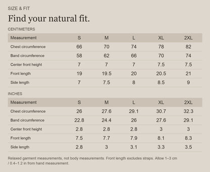 English size guide for Merino Wool Triangle Bralette for Trail and Travel, with centimeter and inch measurements