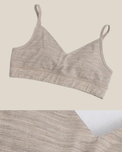 Construction and product view of Merino Wool V-Neck Bralette for Everyday Movement, shown in Sand · 47.4% Merino