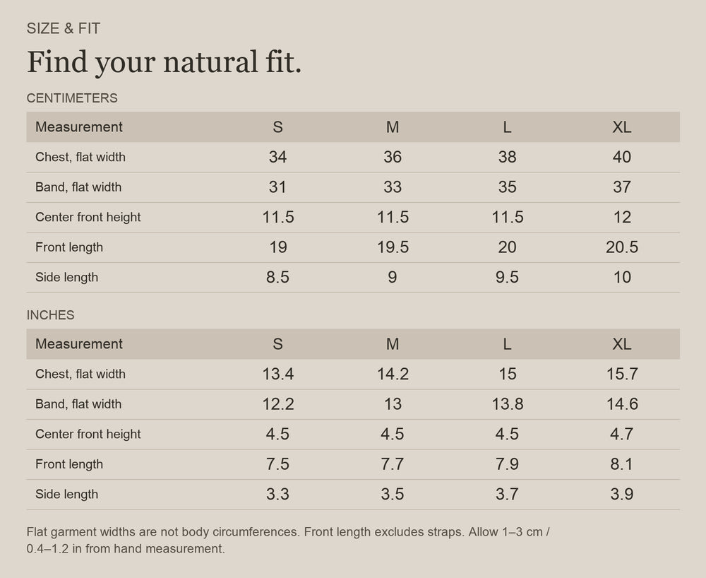 English size guide for Merino Wool V-Neck Bralette for Everyday Movement, with centimeter and inch measurements