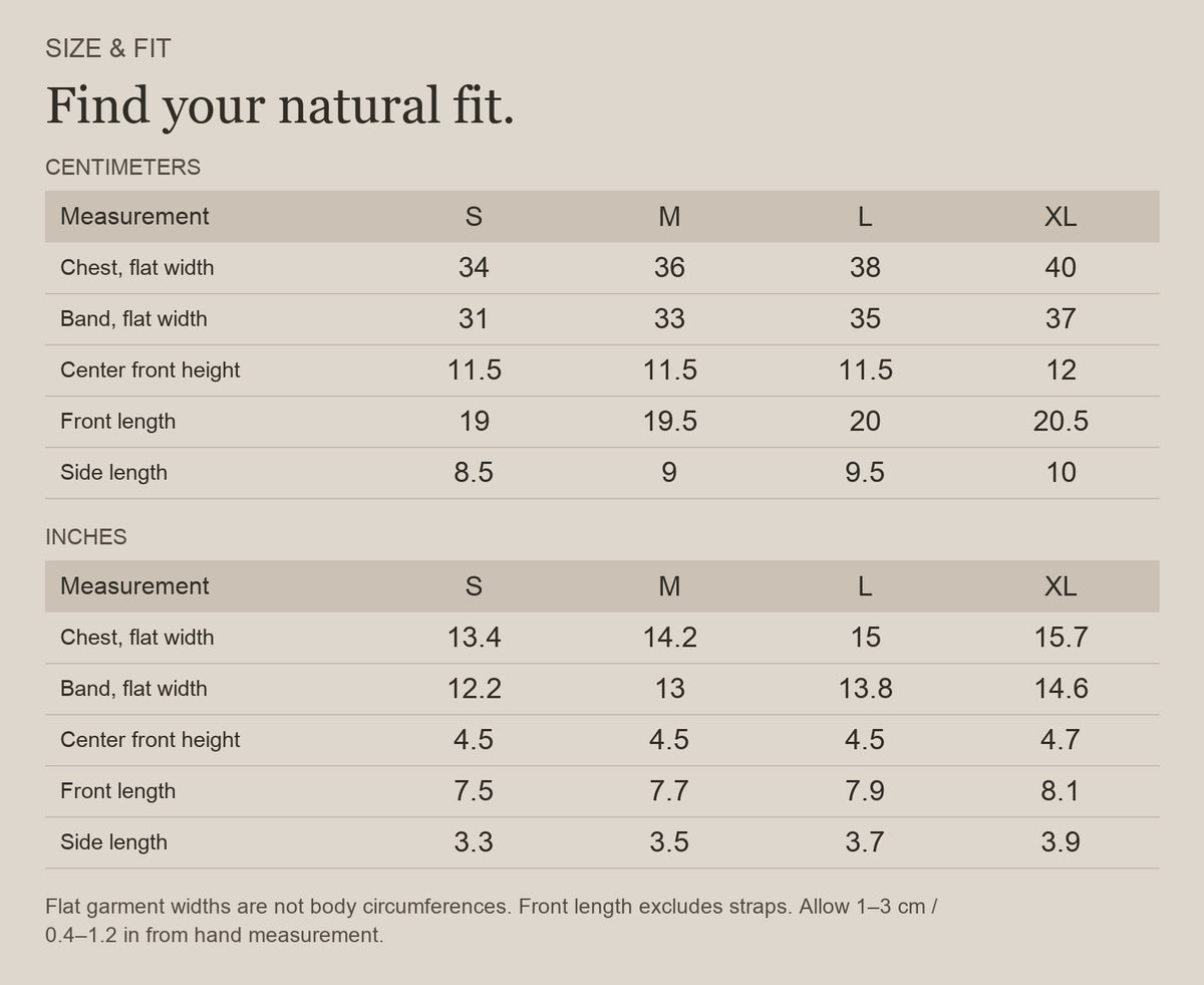 English size guide for Merino Wool V-Neck Bralette for Everyday Movement, with centimeter and inch measurements
