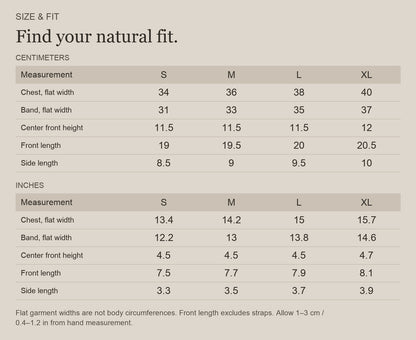English size guide for Merino Wool V-Neck Bralette for Everyday Movement, with centimeter and inch measurements