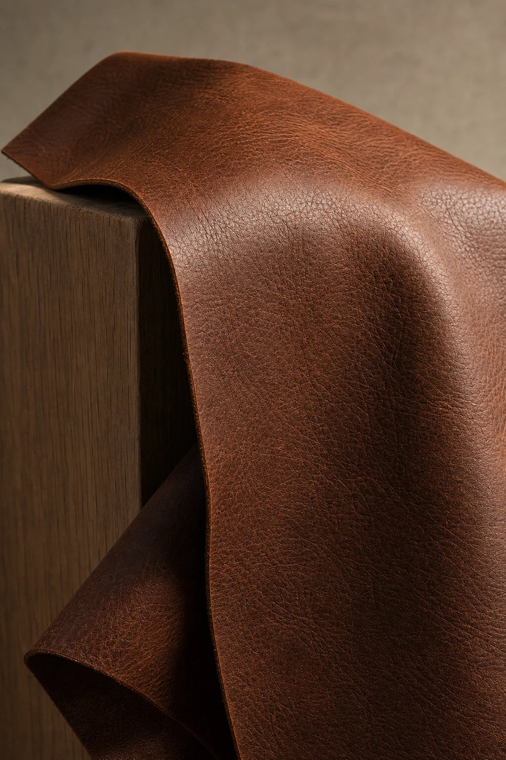 Natural leather grain draped over a solid wood form