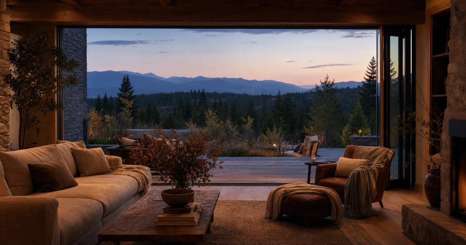 A warm interior opening toward a quiet mountain landscape
