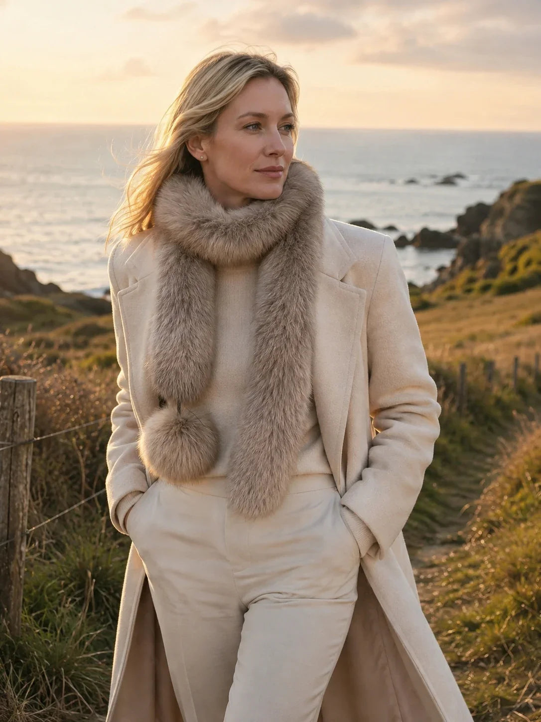 Women's Fox Fur Long Scarf with Pom-Pom Detail — view 8