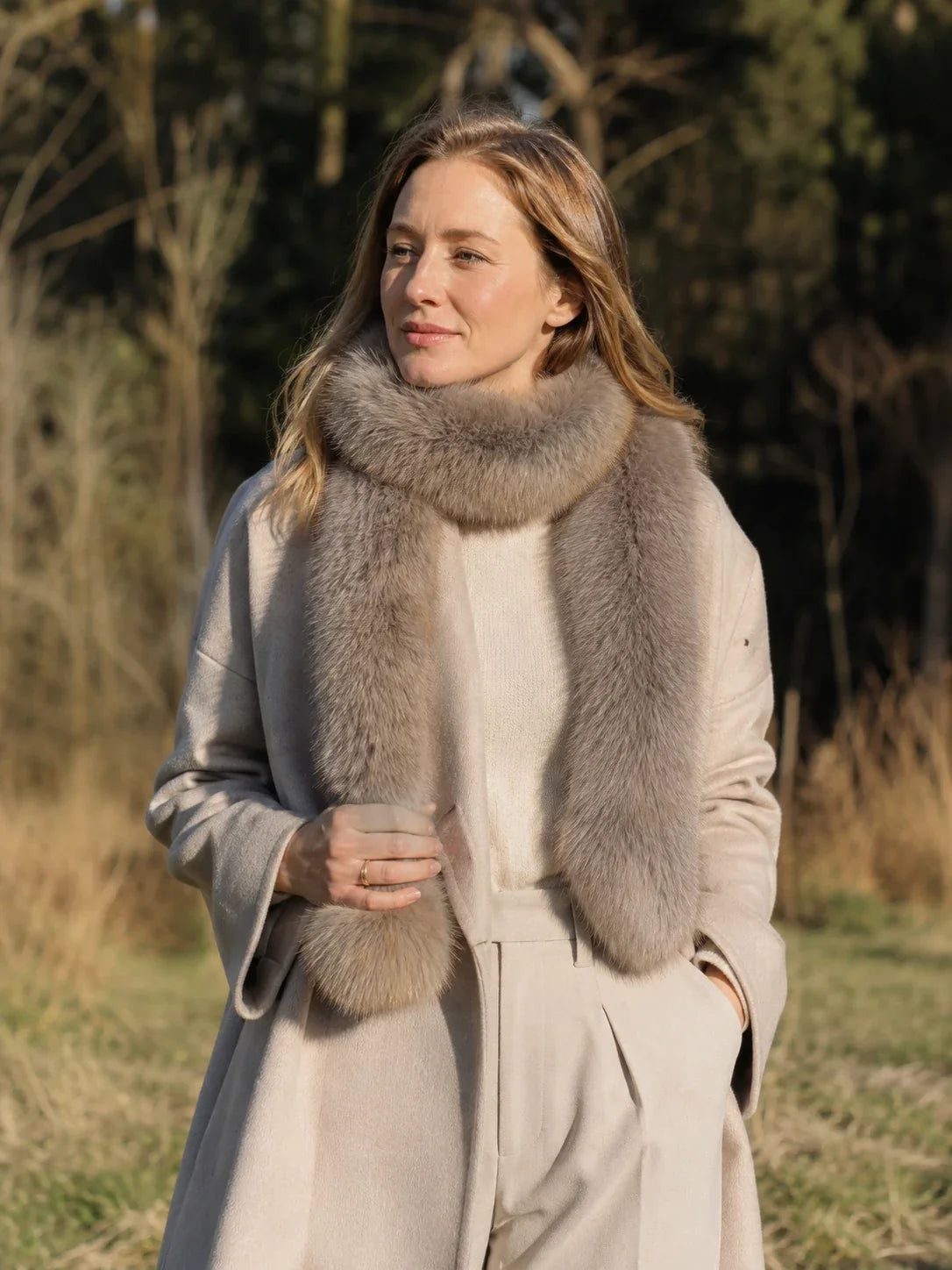 Women's Fox Fur Long Scarf with Pom-Pom Detail — view 9