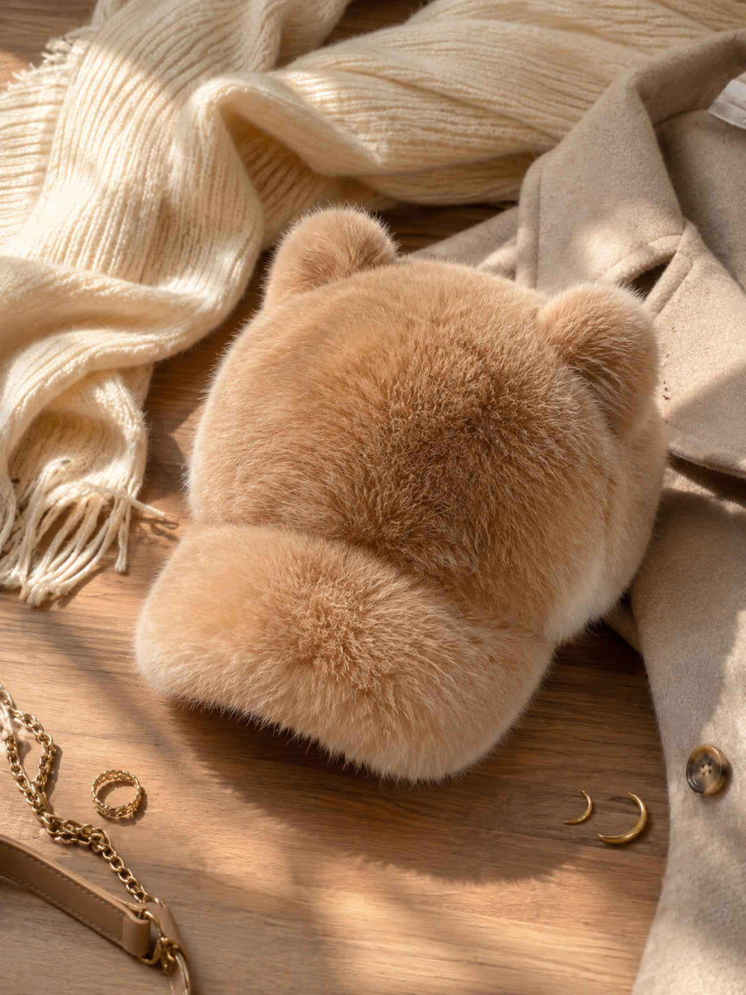 Sunset Yellow rabbit fur cat-ear cap with short flat brim in a styled flat lay