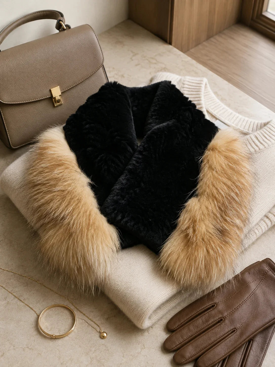 Women's Rex Rabbit Fur & Fox Fur Shawl Collar — view 5