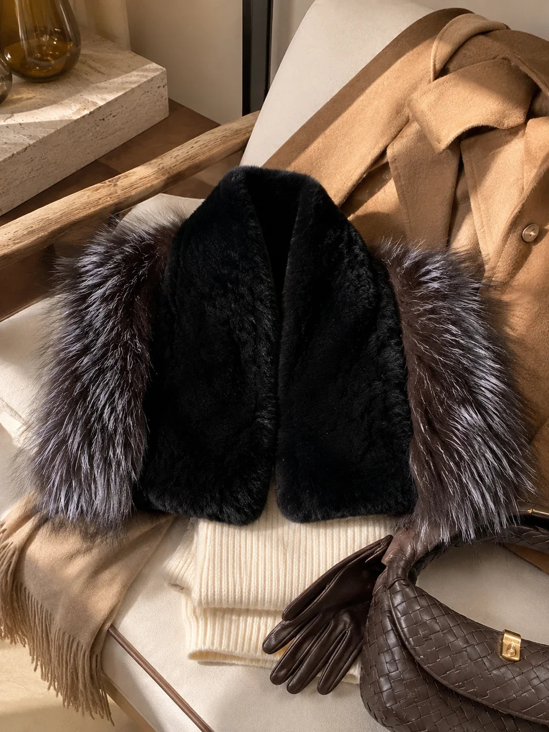 Women's Rex Rabbit Fur & Fox Fur Shawl Collar — view 10