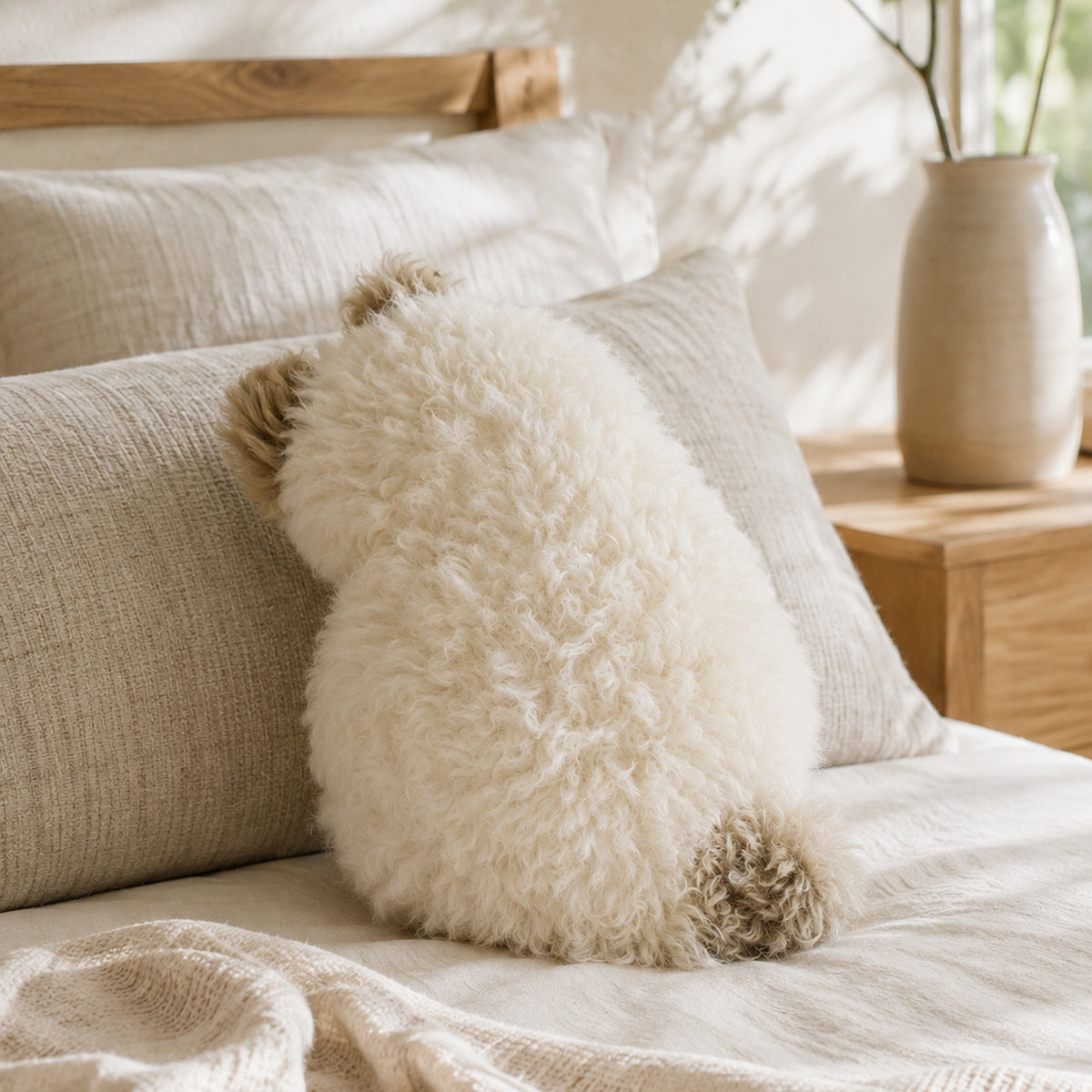 Milk coffee cat-shaped cushion styled on a neutral bed