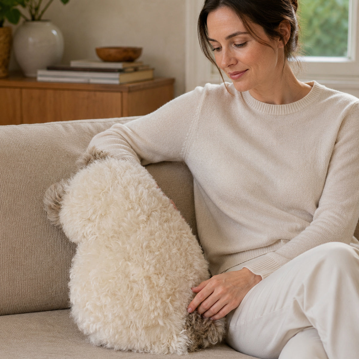 Cat-shaped plush lumbar cushion styled in a neutral lounge