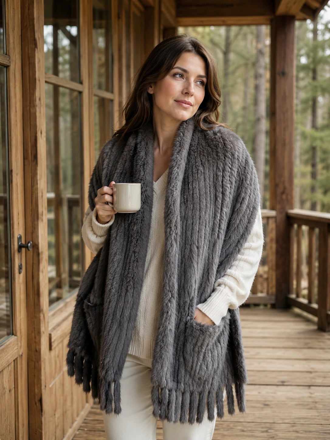 Woman styling a charcoal gray rabbit fur pocket shawl at a cabin