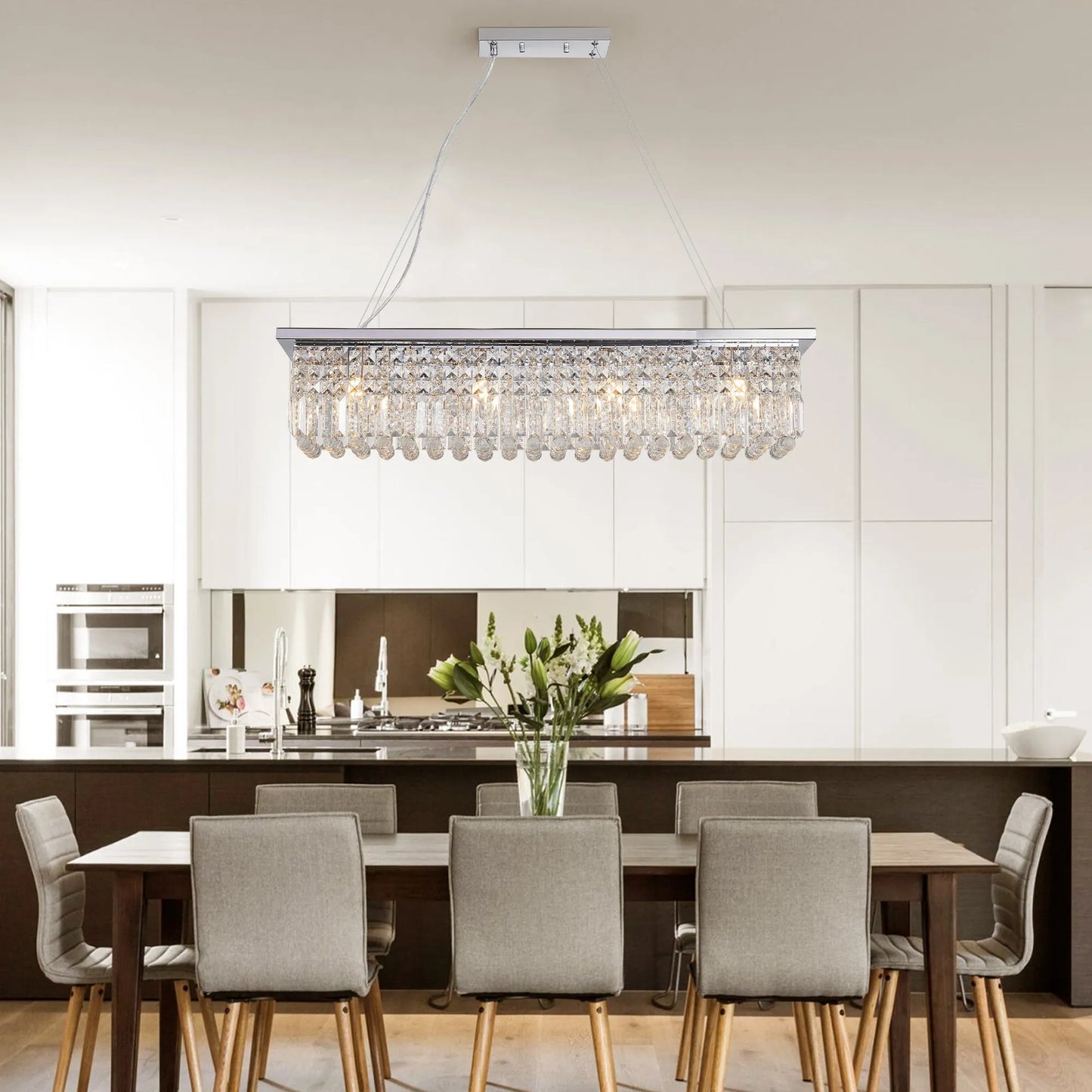 8-Light Rectangular Crystal Chandelier – Chrome – view 1