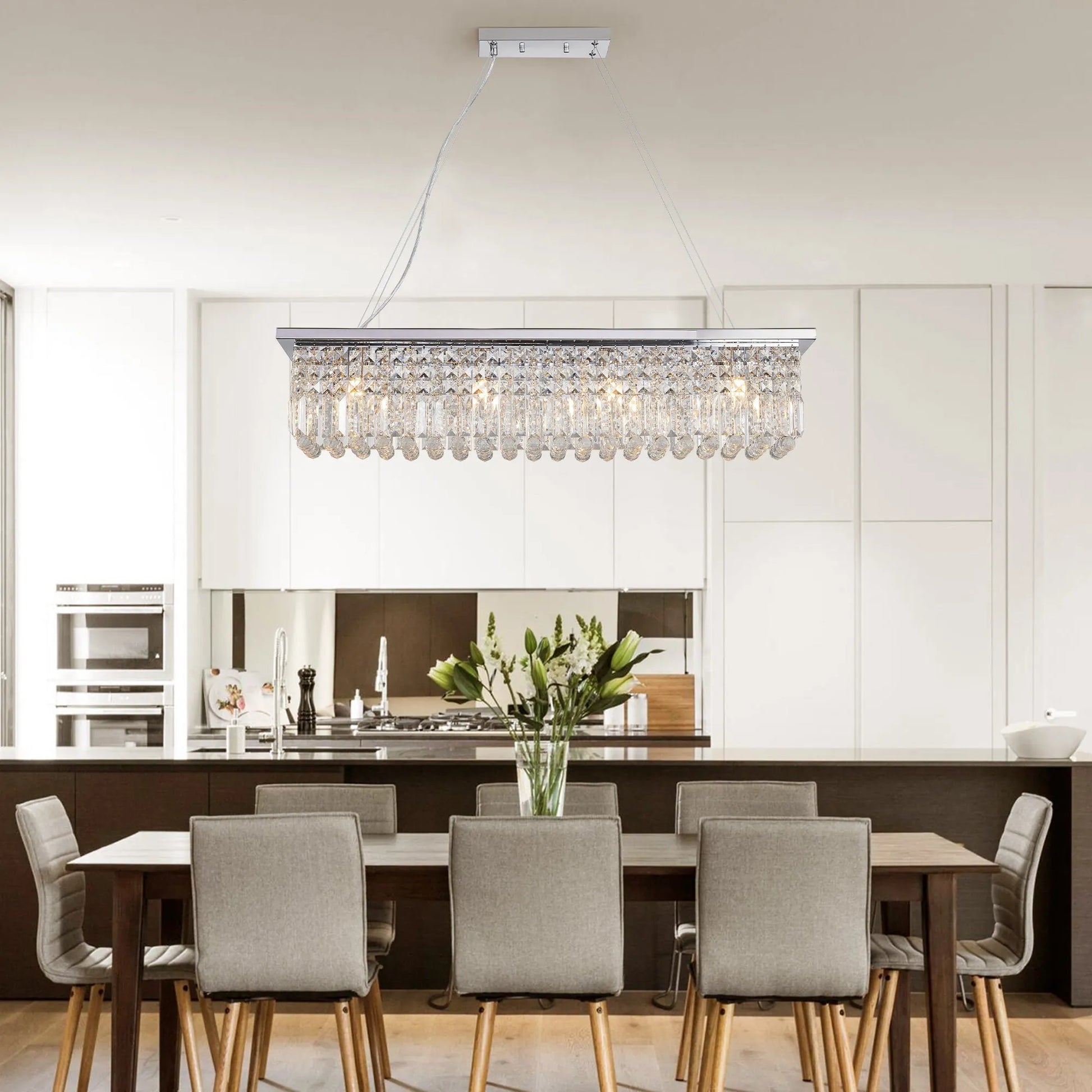 8-Light Rectangular Crystal Chandelier – Chrome – view 1